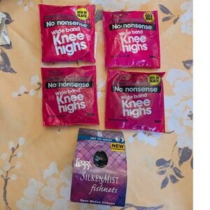 Vintage No Nonsense Knee Highs & L'eggs Silken Mist Fishnets Hosiery Lot 5 Pairs